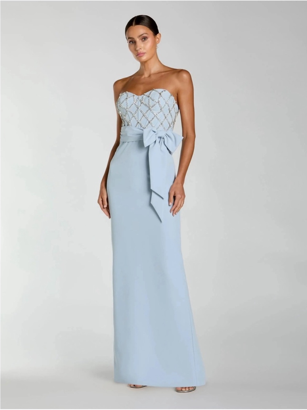 Mac Duggal 2294 Blue Strapless Embellished Crepe Gown With Bow sz 2